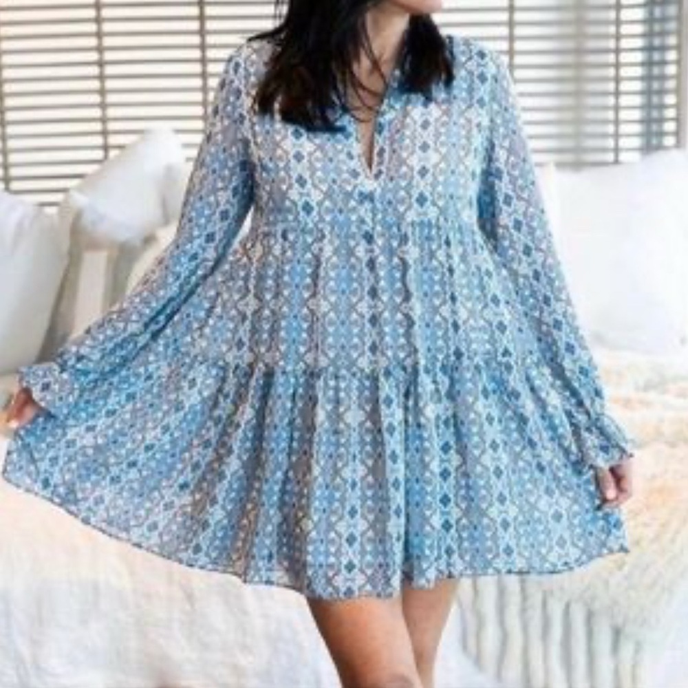 SOLD - NOT FOR SALE Elan Prairie Midi Boho Swing Dress Ruffle Sleeves Geometric